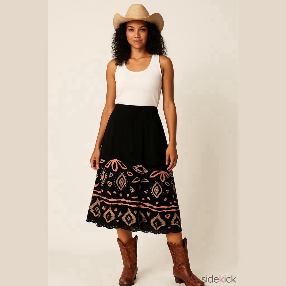 Women Vtg West End A line Cotton Southwestern Black Batik Beaded Hem Midi Skirt